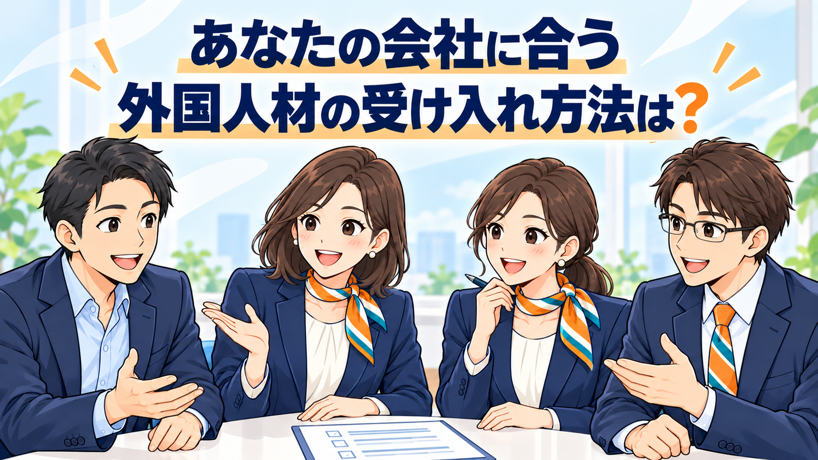 あなたの会社に合う外国人材の受け入れ方法は？ 職員A・B・Cと企業担当者が明るく相談するイラスト